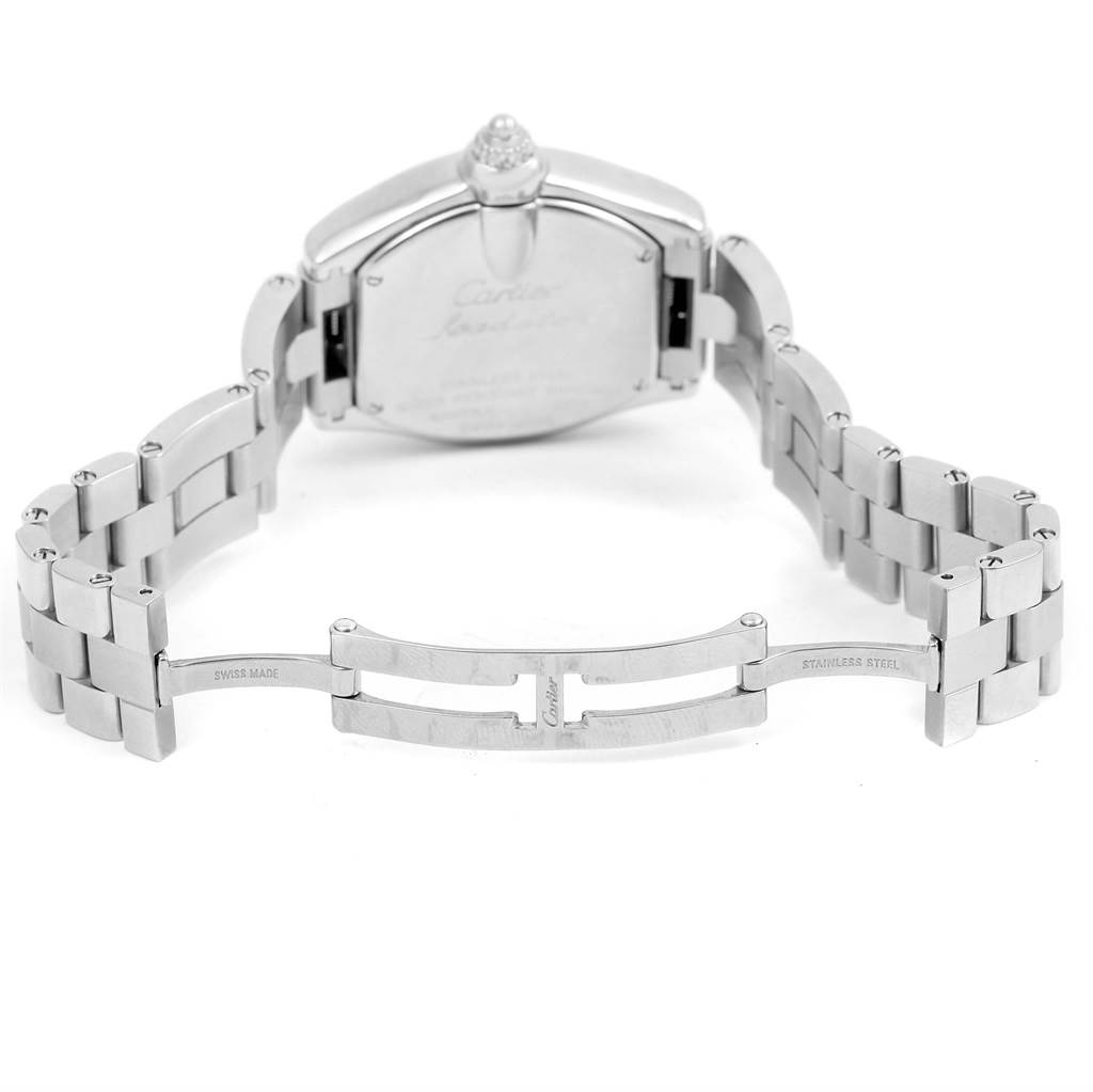 The image shows the back side and clasp of the Cartier Roadster W62016V3 Women
s Stainless Steel Silver Dial W62016V3 Women
s Stainless Steel Silver Dial watch, displaying the stainless steel bracelet and engraved case back.