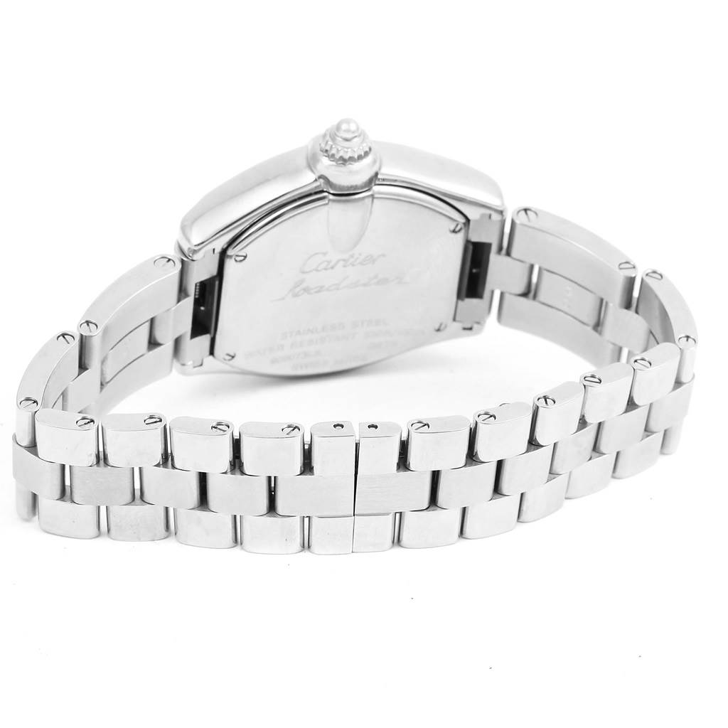 The image shows the back and bracelet of a Cartier Roadster W62016V3 Women
s Stainless Steel Silver Dial W62016V3 Women
s Stainless Steel Silver Dial watch, including the case back and crown.