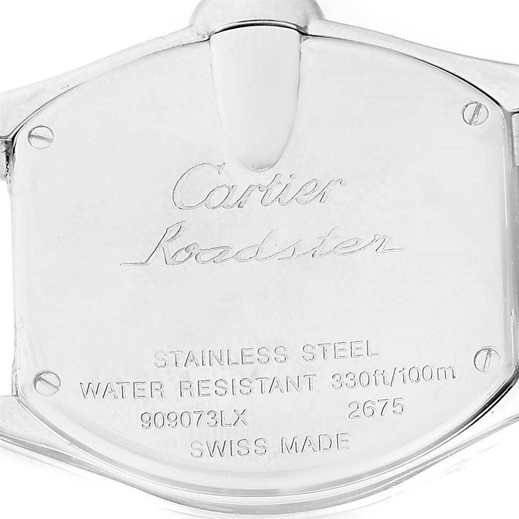 This is the caseback of the Cartier Roadster W62016V3 Women
s Stainless Steel Silver Dial W62016V3 Women
s Stainless Steel Silver Dial watch, displaying model specifications and branding.