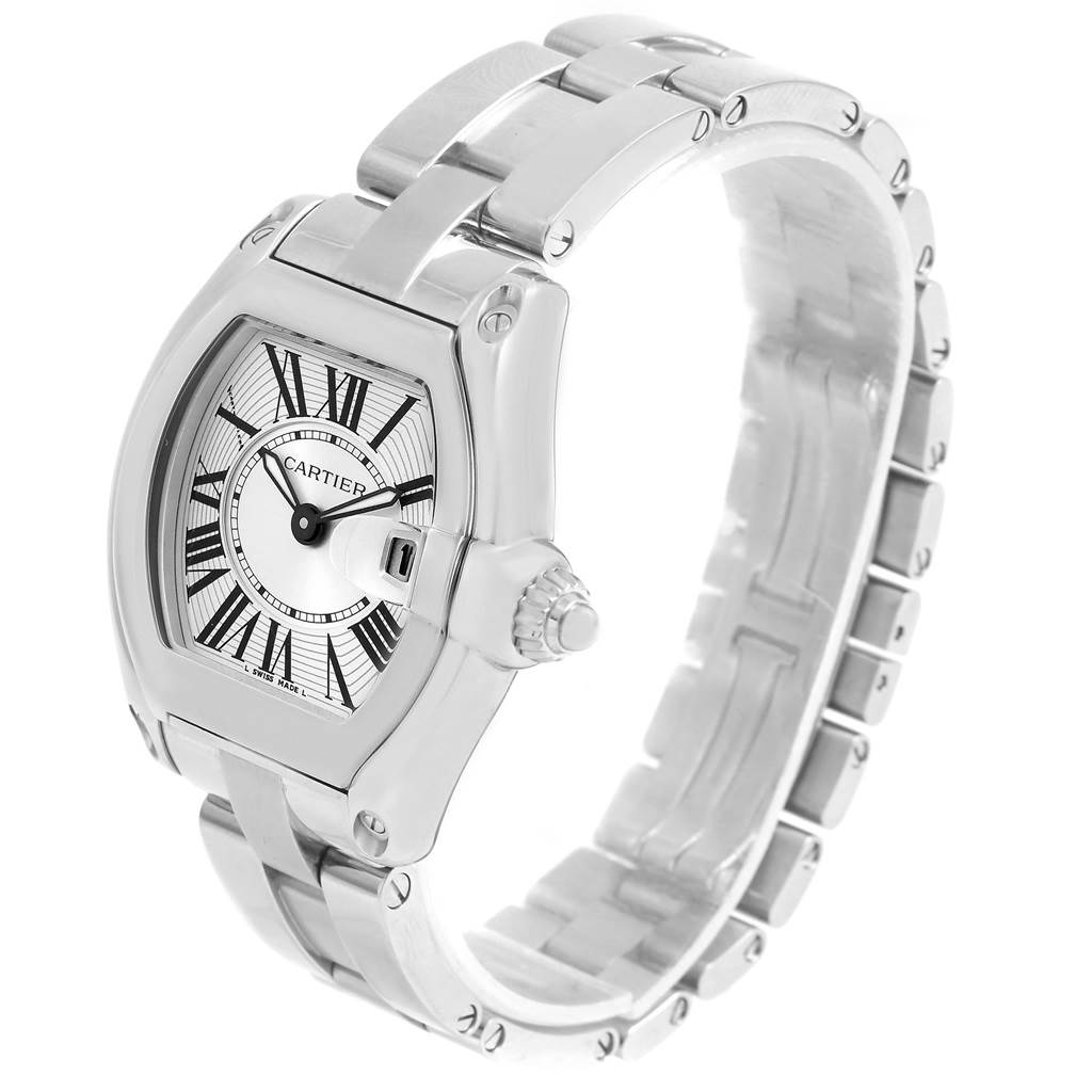 This image shows a Cartier Roadster W62016V3 Women
s Stainless Steel Silver Dial W62016V3 Women
s Stainless Steel Silver Dial watch from an angled side view, displaying its face, bracelet, and crown.
