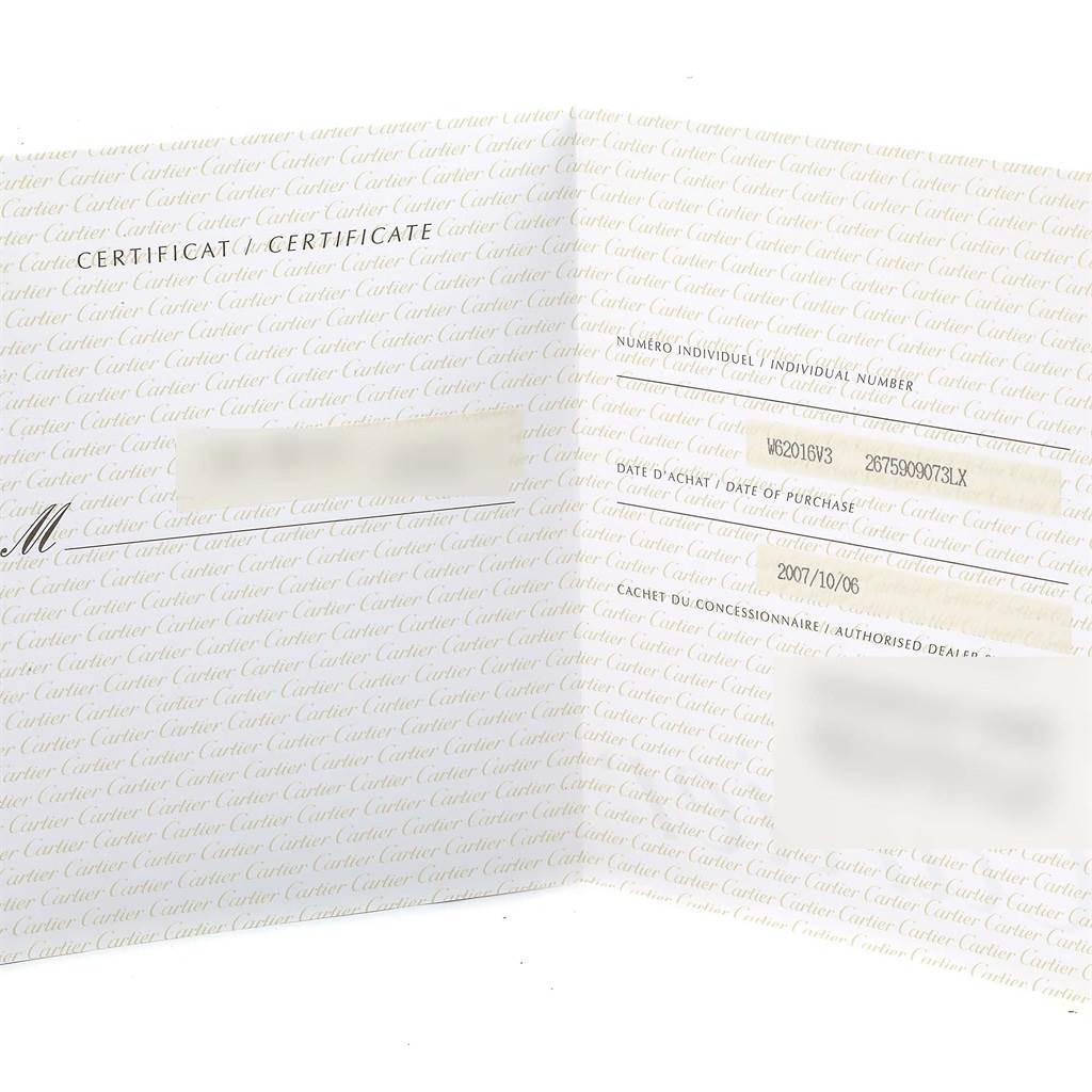 The image shows a close-up of the certificate for a Cartier Roadster W62016V3 Women
s Stainless Steel Silver Dial W62016V3 Women
s Stainless Steel Silver Dial watch, detailing the individual number and the date of purchase.