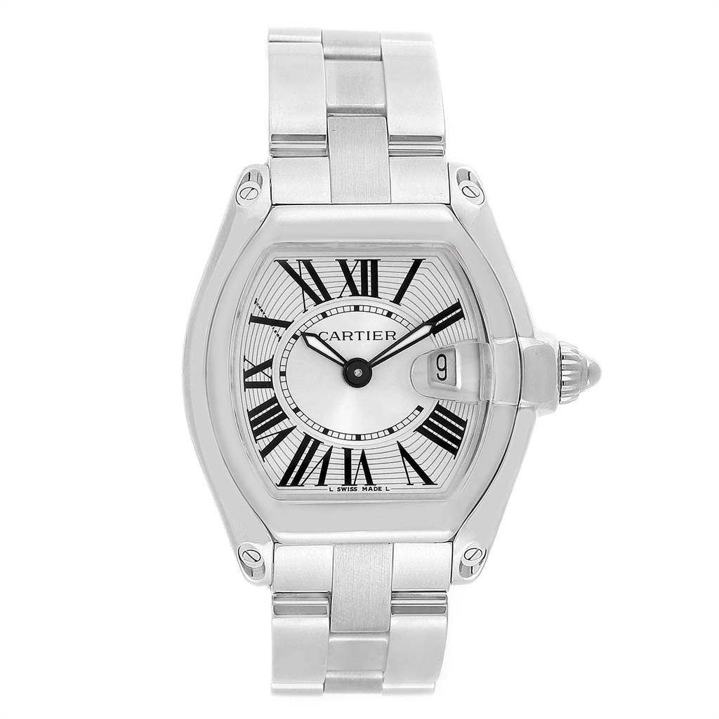 The image shows a frontal view of the Cartier Roadster W62016V3 Women's Stainless Steel Silver Dial W62016V3 Women's Stainless Steel Silver Dial watch, displaying the face, bracelet, and crown.