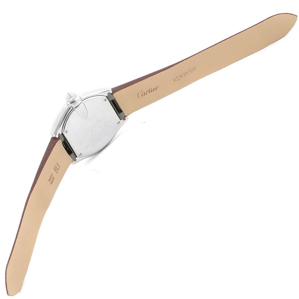 The image shows the back and leather strap of a Cartier Roadster W62017V3 Women
s Stainless Steel Pink Dial W62017V3 Women
s Stainless Steel Pink Dial watch, angled to display the case back and strap engravings.