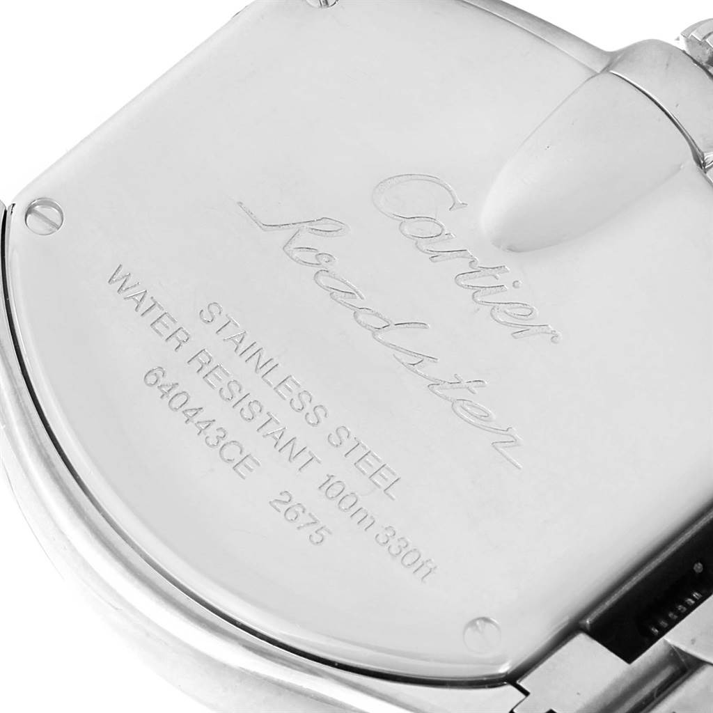 This image shows the back case of a Cartier Roadster W62017V3 Women
s Stainless Steel Pink Dial W62017V3 Women
s Stainless Steel Pink Dial watch, featuring engraved branding and specifications.