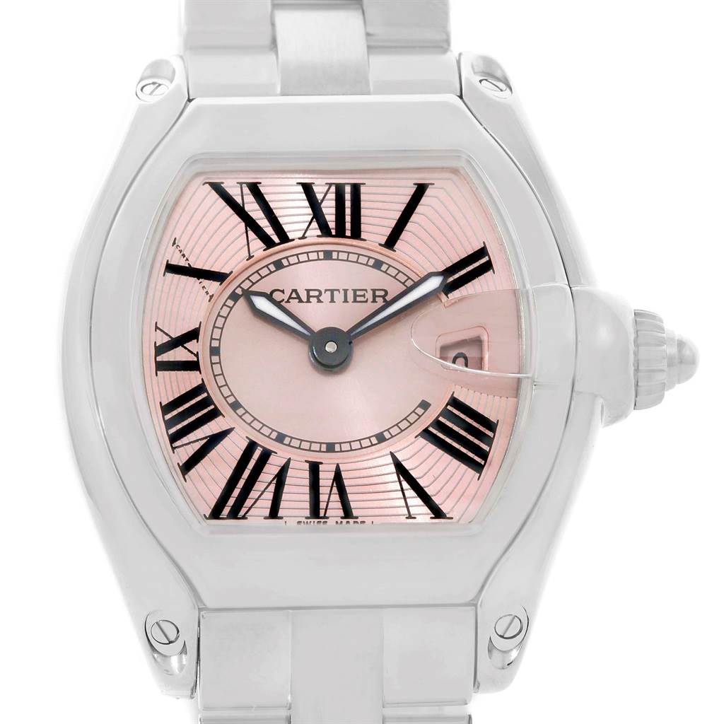 The image shows a close-up view of the dial and bezel of a Cartier Roadster W62017V3 Women
s Stainless Steel Pink Dial W62017V3 Women
s Stainless Steel Pink Dial watch.
