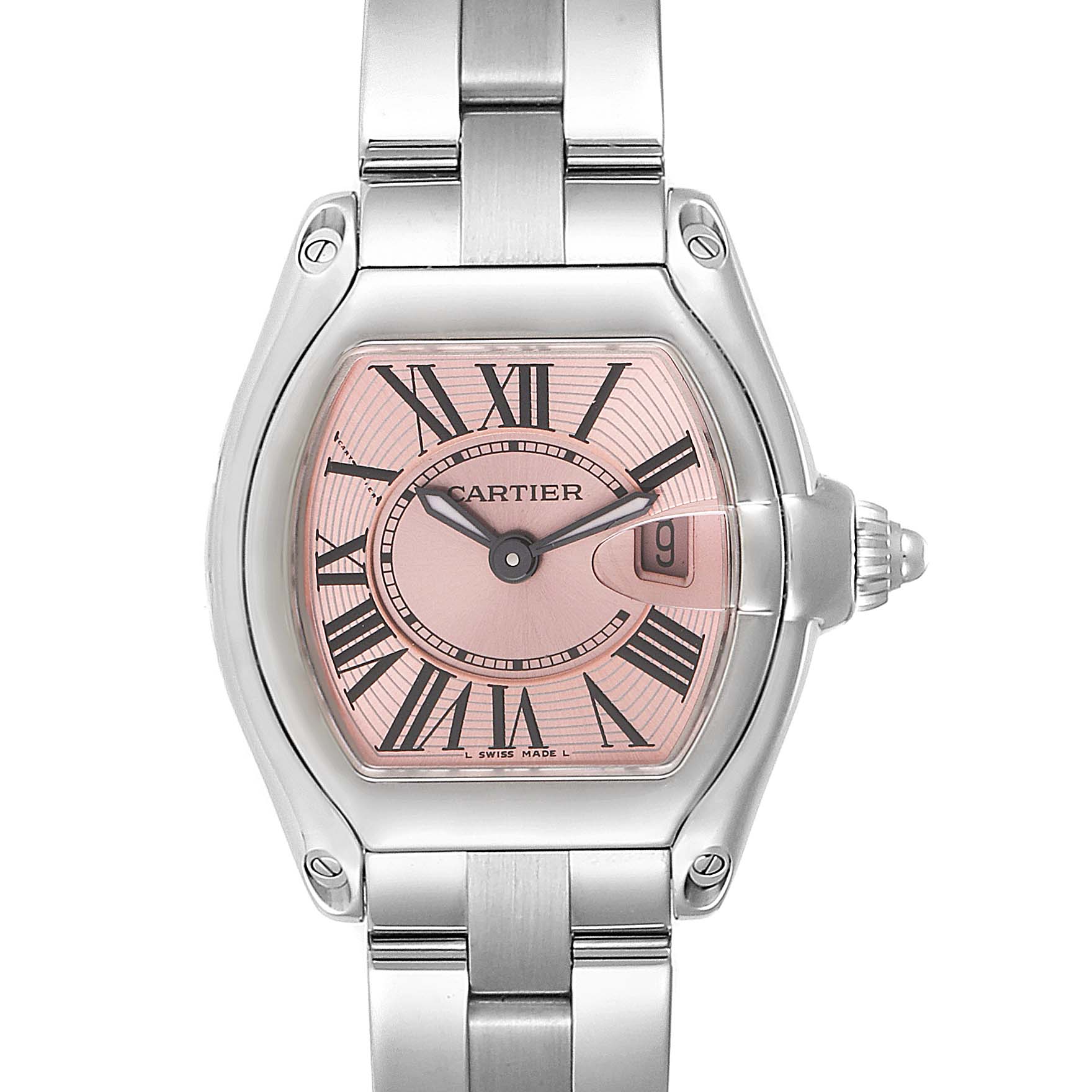 The image shows a front view of a Cartier Roadster W62017V3 Women's Stainless Steel Pink Dial W62017V3 Women's Stainless Steel Pink Dial watch, highlighting its pink dial, Roman numerals, and metal bracelet.