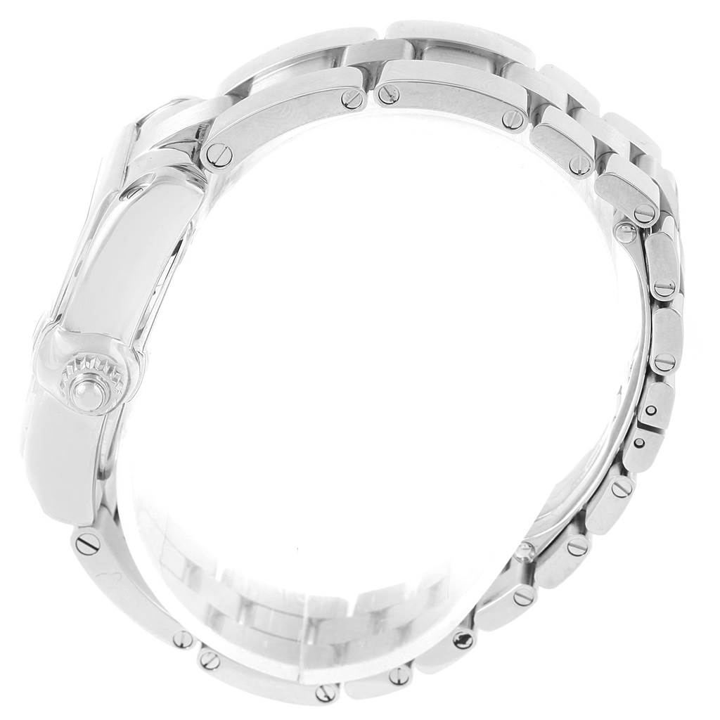 This image shows the side view of a Cartier Roadster W62017V3 Women
s Stainless Steel Pink Dial W62017V3 Women
s Stainless Steel Pink Dial watch, focusing on the metal bracelet and crown detail.