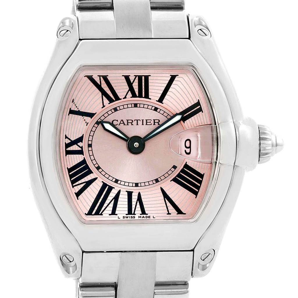 This image shows a front view of a Cartier Roadster W62017V3 Women
s Stainless Steel Pink Dial W62017V3 Women
s Stainless Steel Pink Dial watch, highlighting its face, hour markers, and metallic bracelet.