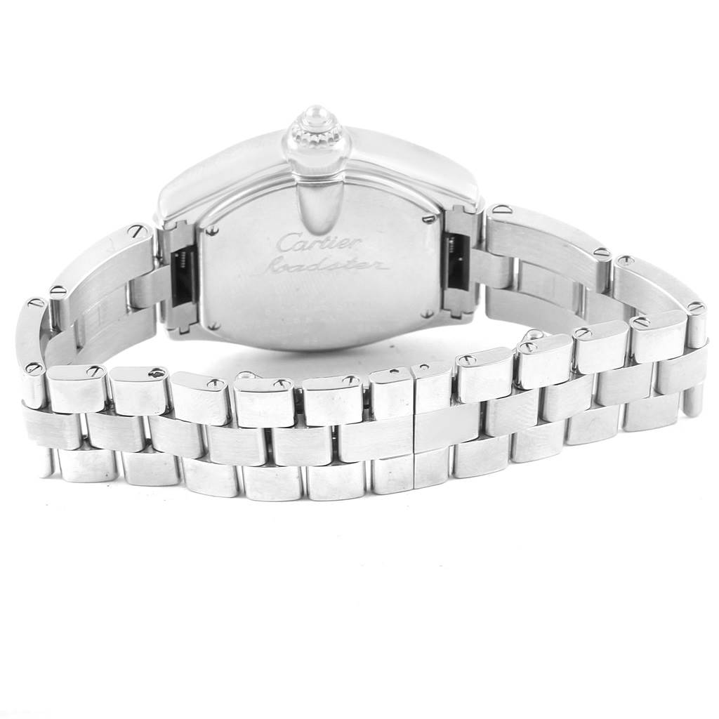 The image shows the back view of the Cartier Roadster W62017V3 Women
s Stainless Steel Pink Dial W62017V3 Women
s Stainless Steel Pink Dial watch, highlighting the bracelet and case back.