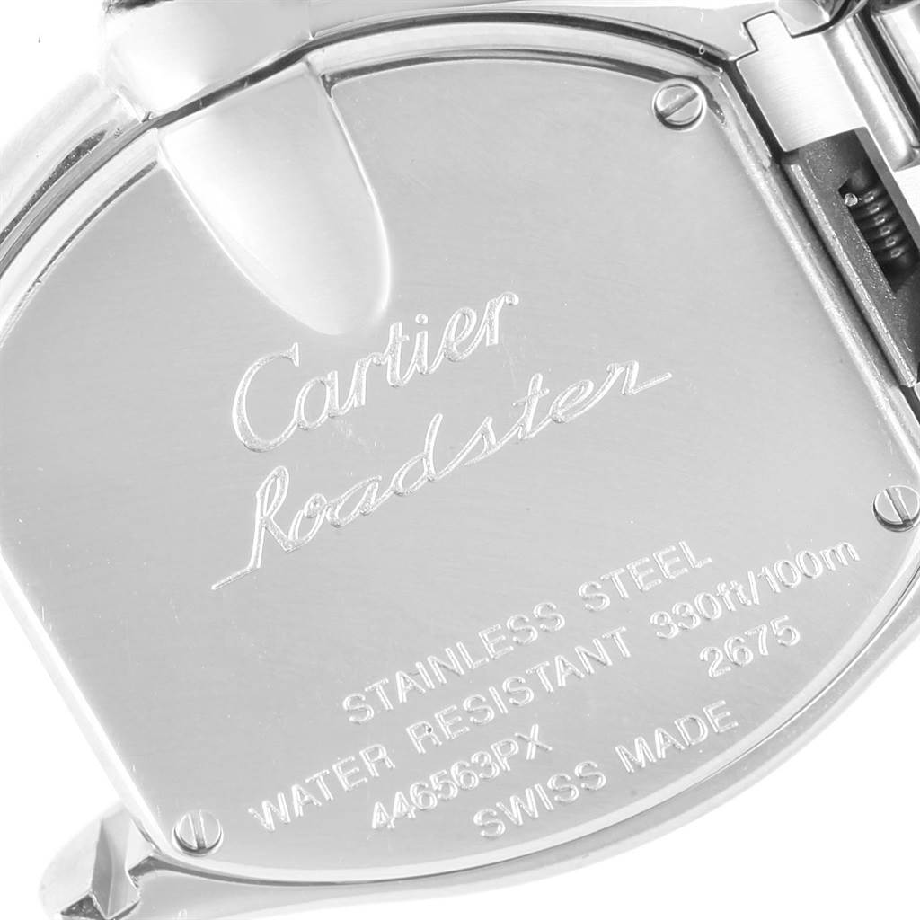 The image shows the back case of a Cartier Roadster W62017V3 Women
s Stainless Steel Pink Dial W62017V3 Women
s Stainless Steel Pink Dial watch, highlighting its engravings and stainless steel material.