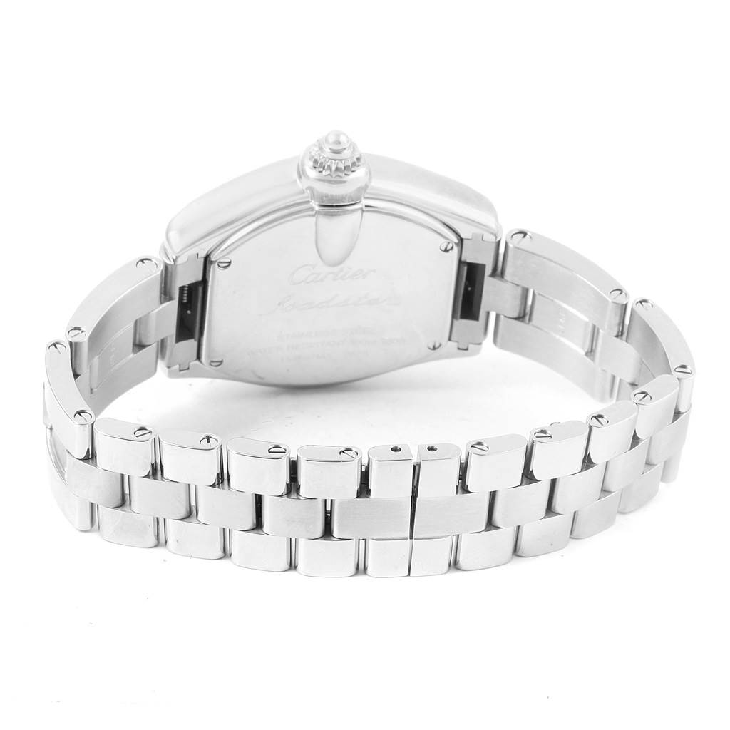 This is a rear view angle showing the bracelet, clasp, and case back of the Cartier Roadster W62053V3 Women's Stainless Steel Blue Dial W62053V3 Women's Stainless Steel Blue Dial model watch.