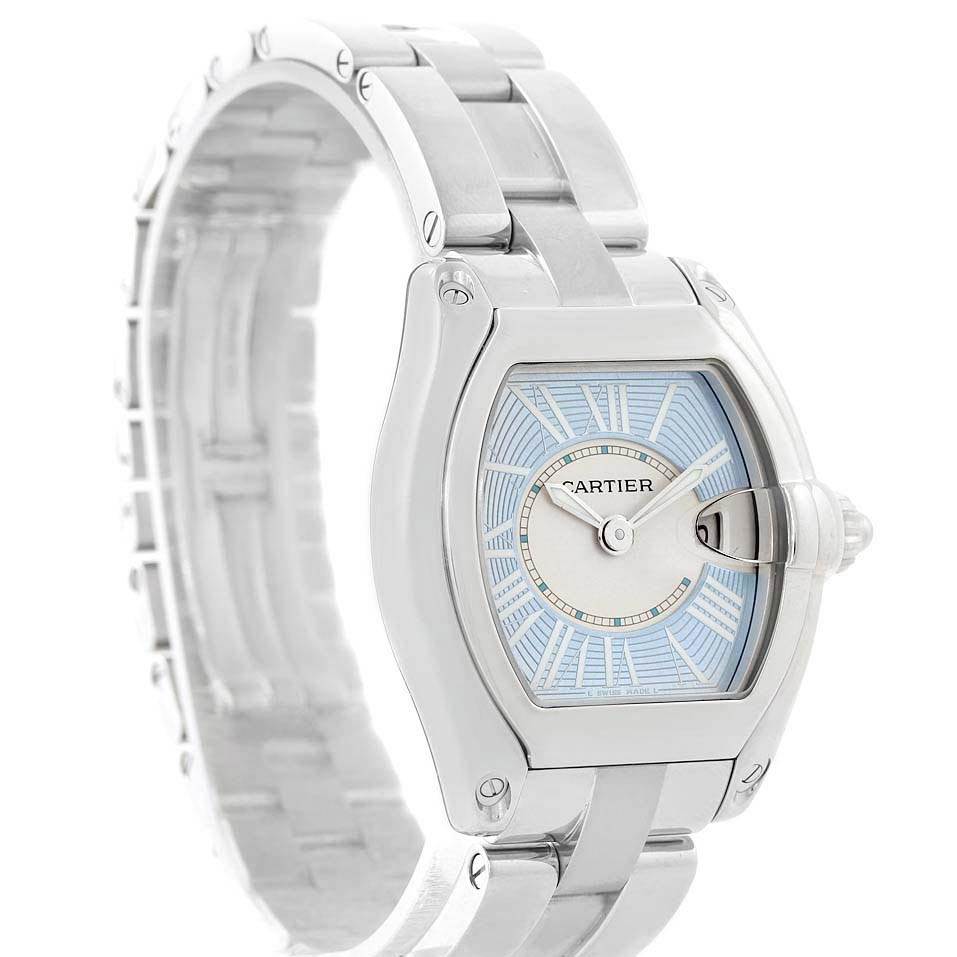 The image shows a Cartier Roadster W62053V3 Women's Stainless Steel Blue Dial W62053V3 Women's Stainless Steel Blue Dial watch from a front angle clearly displaying its case, dial, and part of the bracelet.