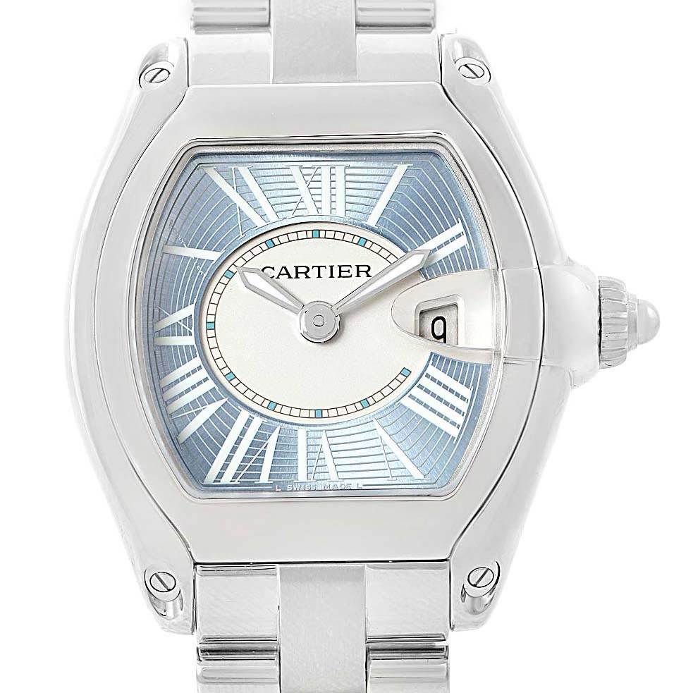 The image shows a front view of the Cartier Roadster W62053V3 Women's Stainless Steel Blue Dial W62053V3 Women's Stainless Steel Blue Dial watch, highlighting its dial, case, bezel, and bracelet.