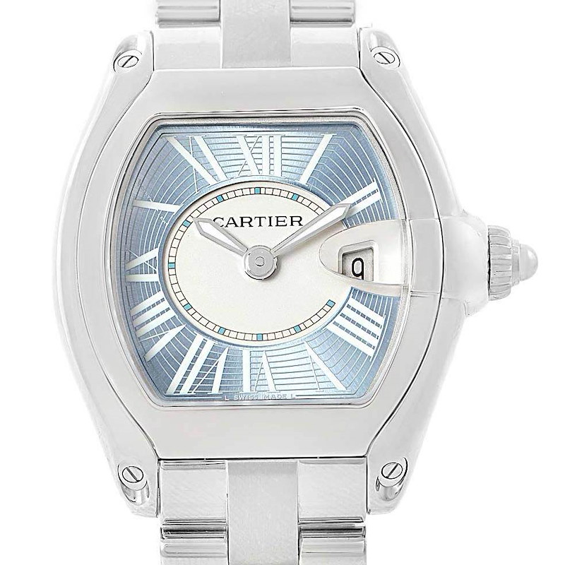 Cartier Roadster Blue Dial Steel Ladies Watch W62053V3 Box Strap SwissWatchExpo