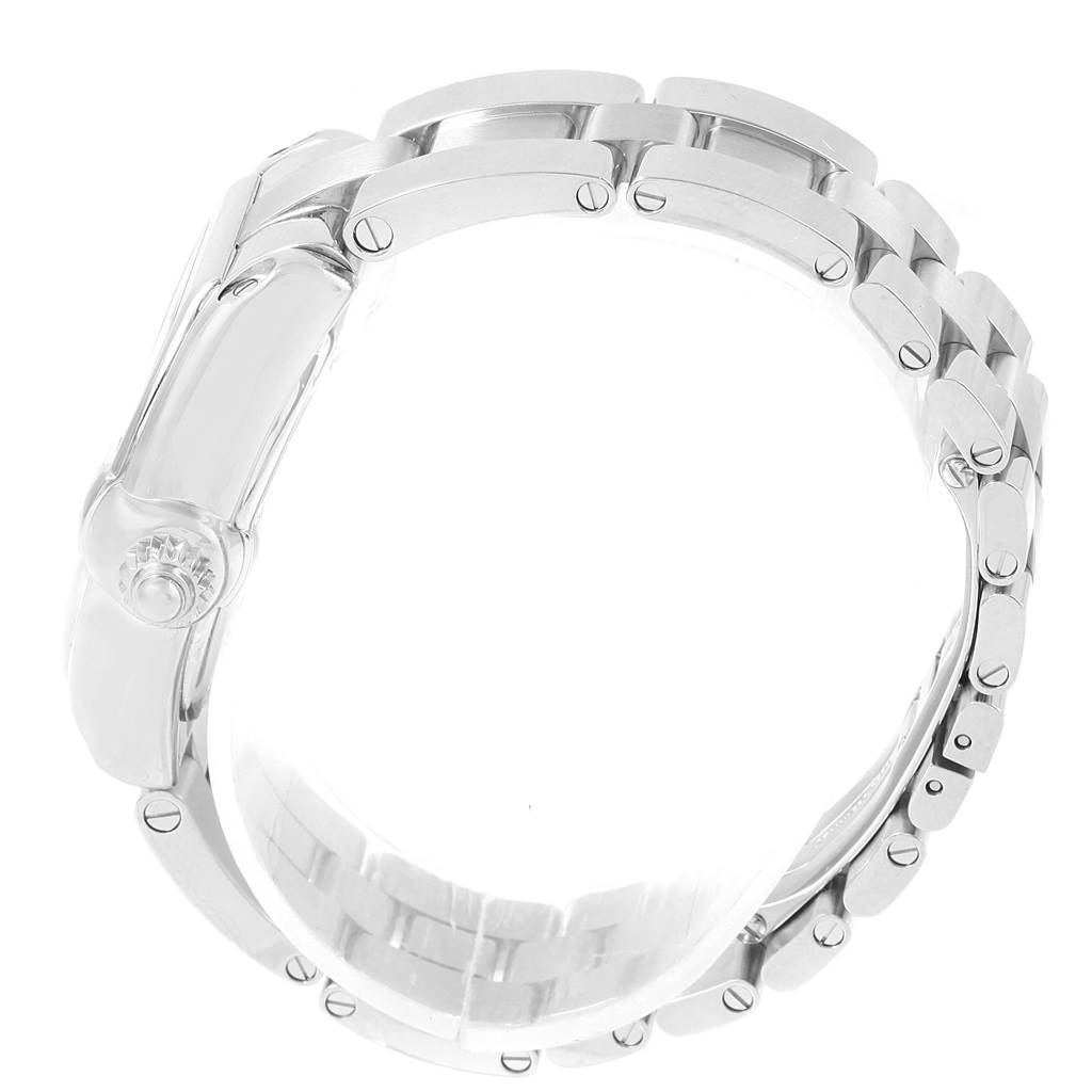 The image shows the side view of the bracelet and casing of a Cartier Roadster W62053V3 Women's Stainless Steel Blue Dial W62053V3 Women's Stainless Steel Blue Dial watch, highlighting its crown and links.