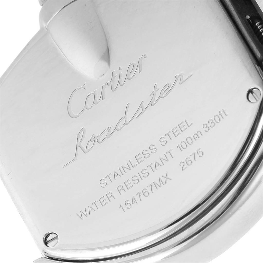 This image shows the back case of a Cartier Roadster W62053V3 Women's Stainless Steel Blue Dial W62053V3 Women's Stainless Steel Blue Dial watch, highlighting the branding and specifications engraved on it.