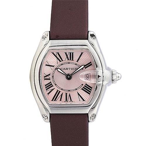 This image shows a front view of a Cartier Roadster W62017V3 Women
s Stainless Steel Pink Dial W62017V3 Women
s Stainless Steel Pink Dial watch, displaying its pink dial, Roman numeral markers, and brown strap.