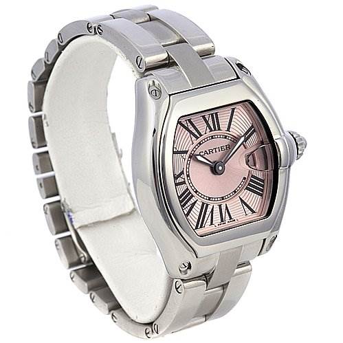 This image shows the Cartier Roadster W62017V3 Women
s Stainless Steel Pink Dial W62017V3 Women
s Stainless Steel Pink Dial watch from a three-quarter angle, displaying its face, bezel, and stainless steel strap.