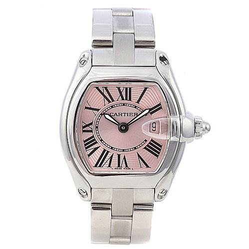 This Cartier Roadster W62017V3 Women
s Stainless Steel Pink Dial W62017V3 Women
s Stainless Steel Pink Dial watch is shown from a front angle, displaying its pink dial, Roman numerals, date window, and metallic band.