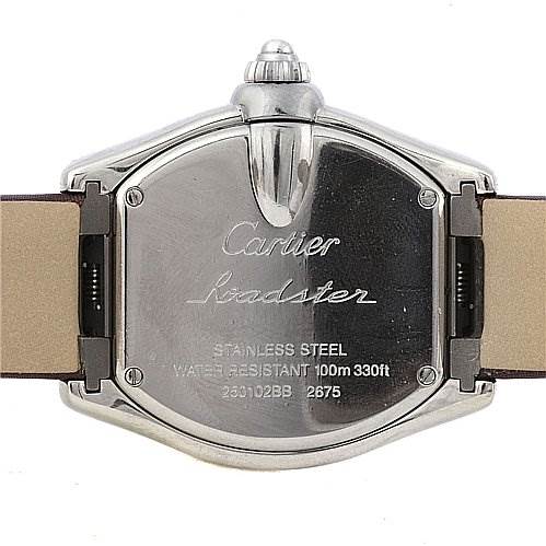This image shows the back view of a Cartier Roadster W62017V3 Women
s Stainless Steel Pink Dial W62017V3 Women
s Stainless Steel Pink Dial watch, highlighting the stainless steel case and engraved details.