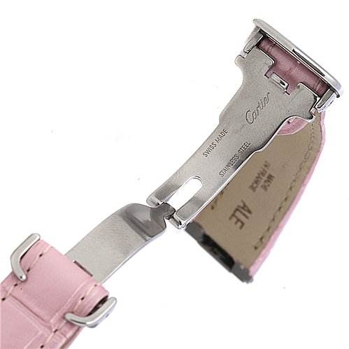 The image shows the deployment clasp and part of the pink leather strap of a Cartier Roadster W62017V3 Women
s Stainless Steel Pink Dial W62017V3 Women
s Stainless Steel Pink Dial watch.