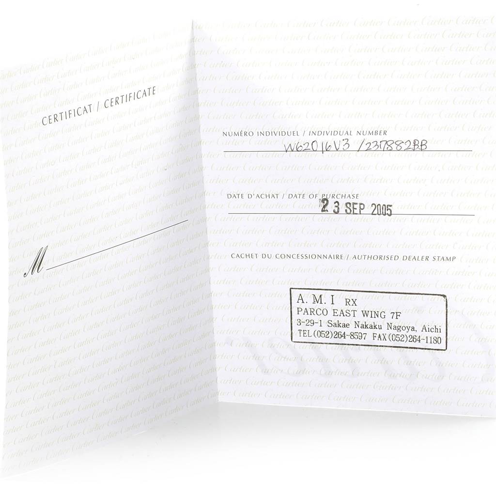 This image shows an open warranty certificate for a Cartier Roadster W62016V3 Women
s Stainless Steel Silver Dial W62016V3 Women
s Stainless Steel Silver Dial watch, with purchase details and an authorized dealer stamp.