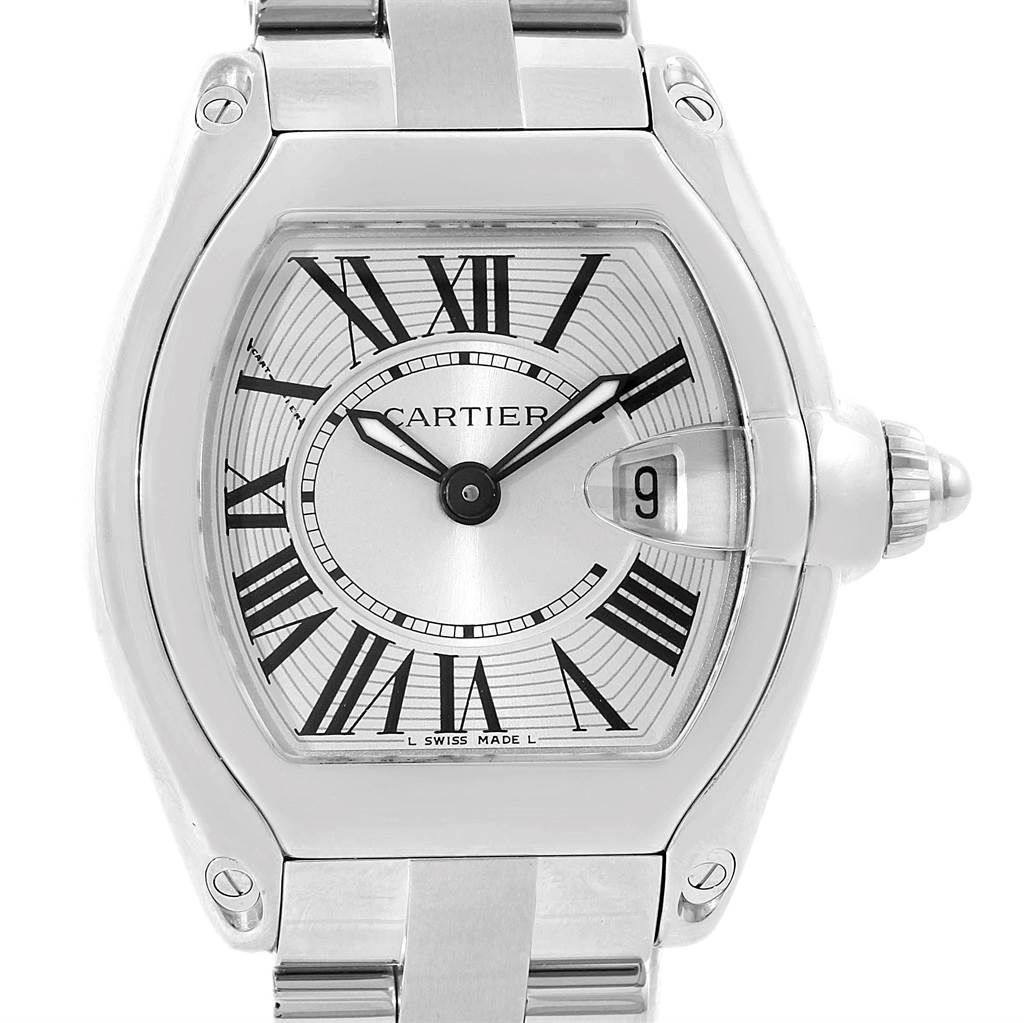 This image shows a close-up of the face and part of the bracelet of the Cartier Roadster W62016V3 Women
s Stainless Steel Silver Dial W62016V3 Women
s Stainless Steel Silver Dial watch.