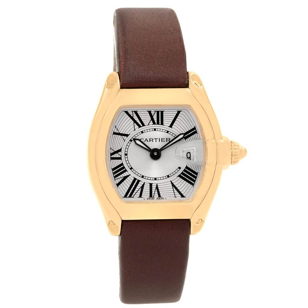This image shows a Cartier Roadster W62018Y5 Women's Yellow Gold Silver Dial W62018Y5 Women's Yellow Gold Silver Dial watch from a front angle, displaying the face, case, crown, and strap.
