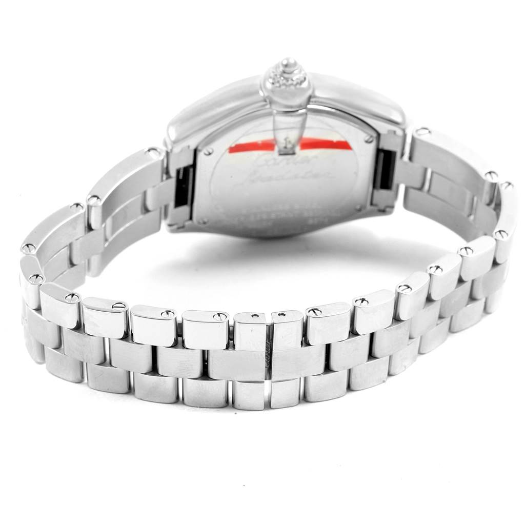 The image shows the back and the metal bracelet of a Cartier Roadster W62016V3 Women
s Stainless Steel Silver Dial W62016V3 Women
s Stainless Steel Silver Dial watch.