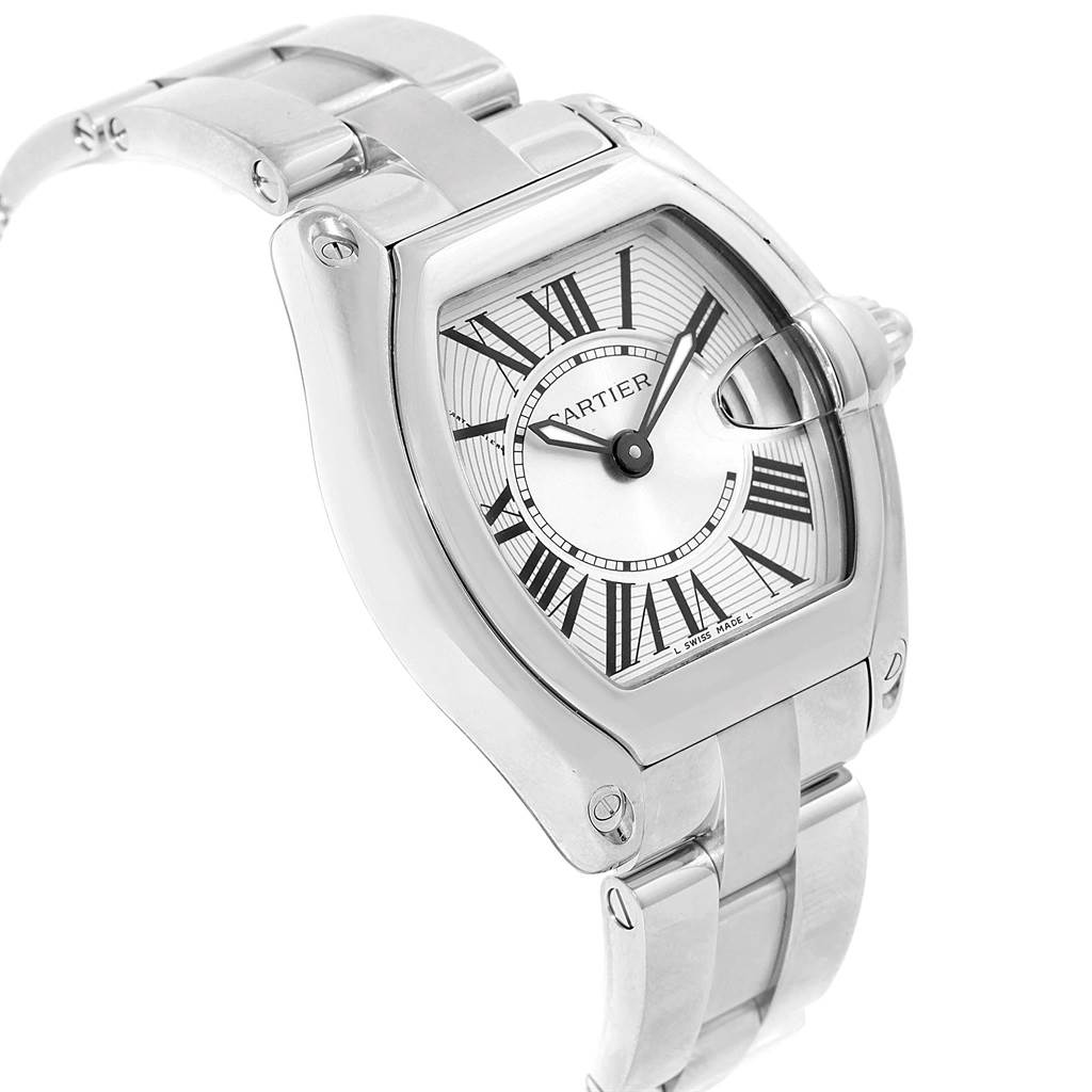 This image shows a side angle of the Cartier Roadster W62016V3 Women
s Stainless Steel Silver Dial W62016V3 Women
s Stainless Steel Silver Dial watch, highlighting its face, bezel, and part of the metal bracelet.