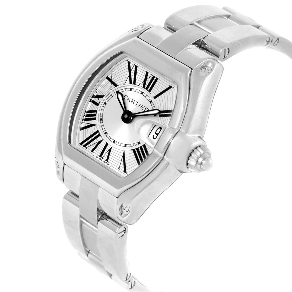The Cartier Roadster W62016V3 Women
s Stainless Steel Silver Dial W62016V3 Women
s Stainless Steel Silver Dial watch is shown at a slight angle, highlighting its face, crown, and bracelet.