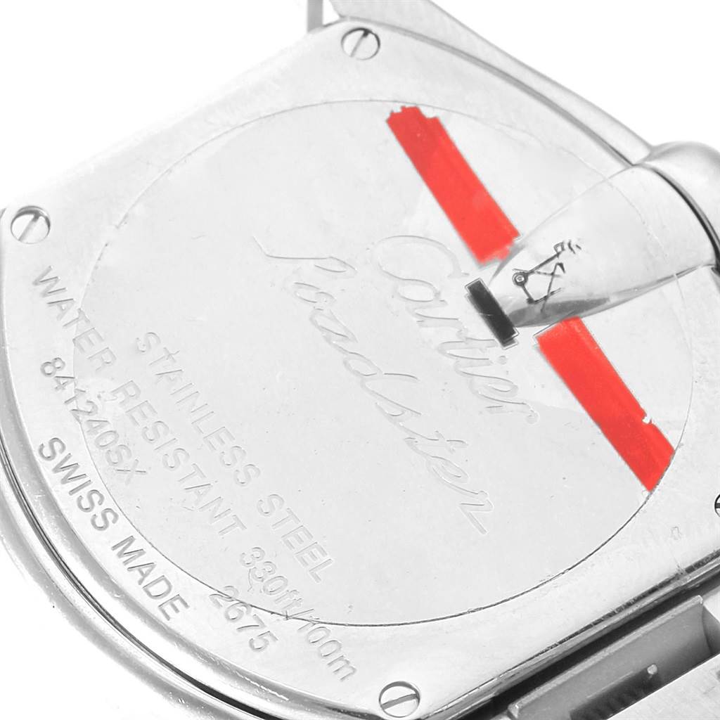 The image shows the back casing of the Cartier Roadster W62016V3 Women
s Stainless Steel Silver Dial W62016V3 Women
s Stainless Steel Silver Dial watch, highlighting the engraved details and specifications.