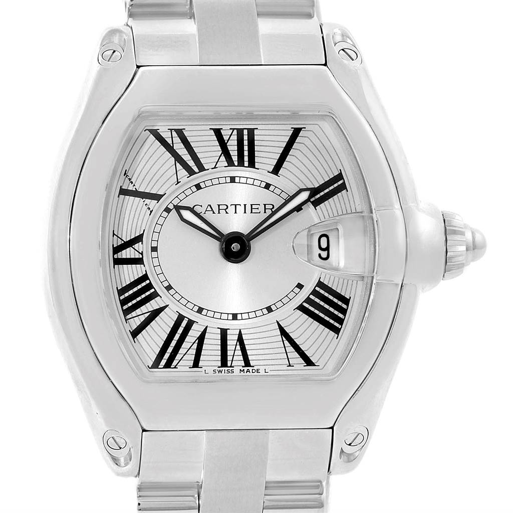 The image shows a front view of the Cartier Roadster W62016V3 Women
s Stainless Steel Silver Dial W62016V3 Women
s Stainless Steel Silver Dial watch, displaying its face, hour markers, hands, and date window.
