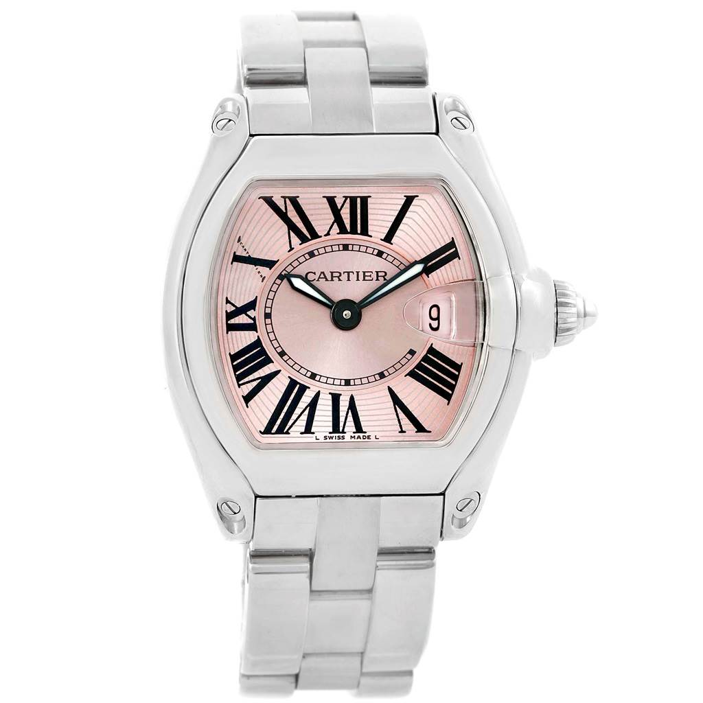 This image shows a Cartier Roadster W62017V3 Women
s Stainless Steel Pink Dial W62017V3 Women
s Stainless Steel Pink Dial watch with a pink dial, Roman numerals, and a stainless steel bracelet, viewed from the front.
