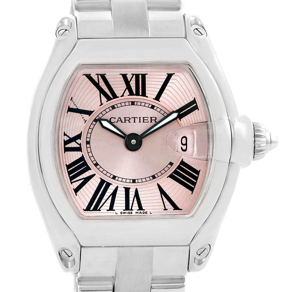 The image shows a front view of a Cartier Roadster W62017V3 Women
s Stainless Steel Pink Dial W62017V3 Women
s Stainless Steel Pink Dial watch displaying the dial, case, and part of the bracelet.