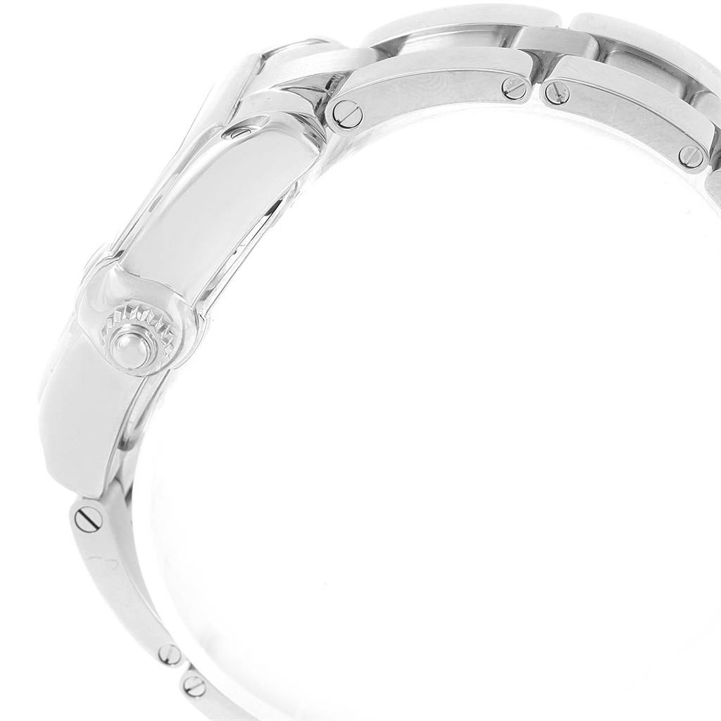 The image shows a side view of the bracelet and crown of a Cartier Roadster W62017V3 Women
s Stainless Steel Pink Dial W62017V3 Women
s Stainless Steel Pink Dial watch.