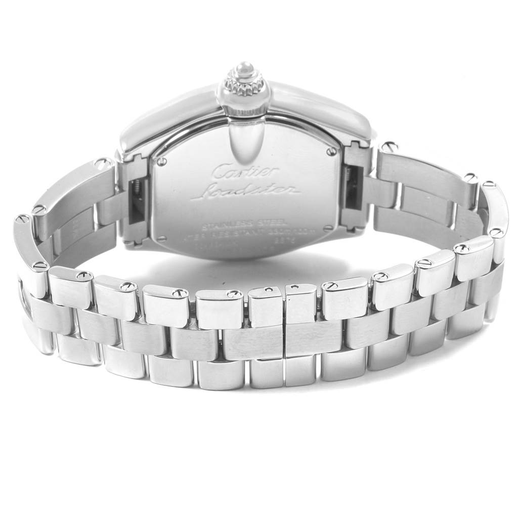 The image shows the back and bracelet of a Cartier Roadster W62017V3 Women
s Stainless Steel Pink Dial W62017V3 Women
s Stainless Steel Pink Dial watch, highlighting the clasp and engraved case back.