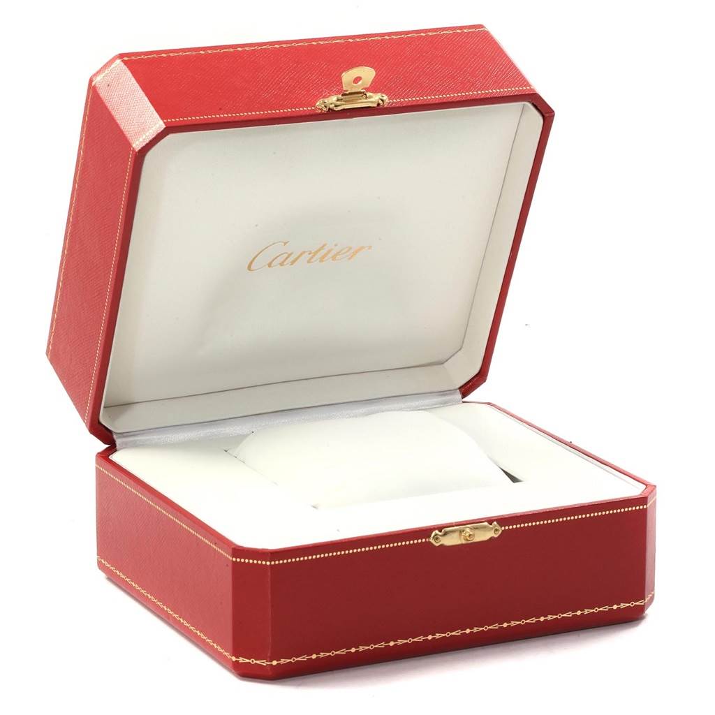 The image shows an open Cartier watch box for the Roadster model, displaying the interior lining with the Cartier logo.