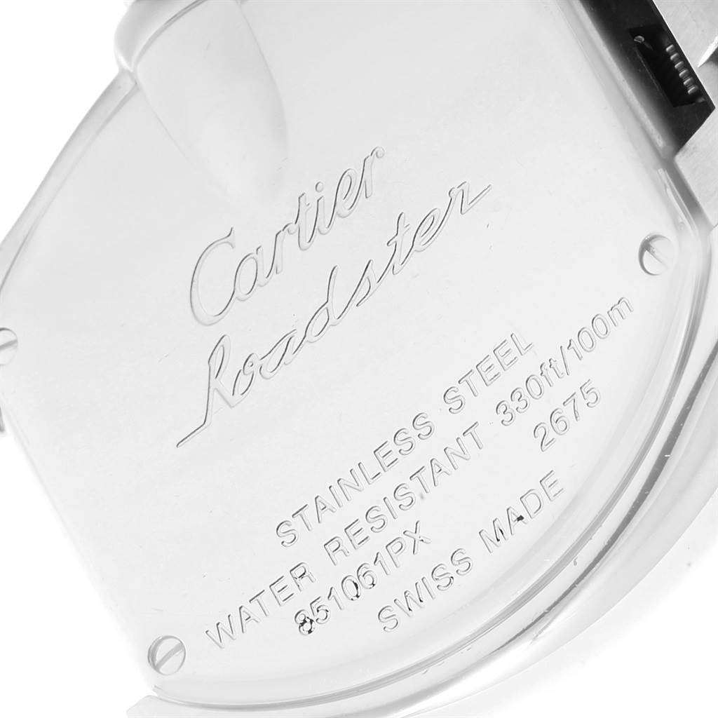 The image shows the back casing of a Cartier Roadster W62017V3 Women
s Stainless Steel Pink Dial W62017V3 Women
s Stainless Steel Pink Dial watch, highlighting its model details and specifications.