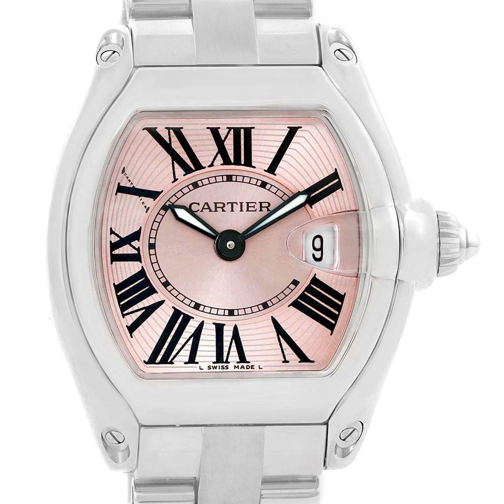 The image shows a Cartier Roadster W62017V3 Women
s Stainless Steel Pink Dial W62017V3 Women
s Stainless Steel Pink Dial watch from a front angle, highlighting its face, case, and bracelet.