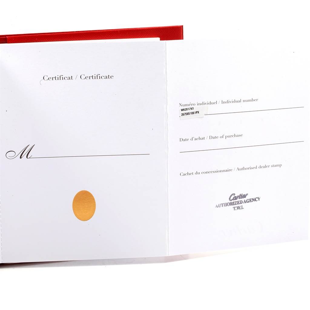 The image shows the certificate booklet for the Cartier Roadster W62017V3 Women
s Stainless Steel Pink Dial W62017V3 Women
s Stainless Steel Pink Dial model watch, displaying the individual number and space for purchase details.