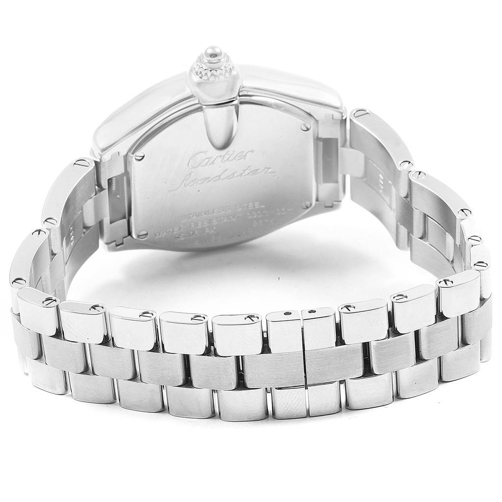 This image shows the back case and bracelet of a Cartier Roadster W62017V3 Women
s Stainless Steel Pink Dial W62017V3 Women
s Stainless Steel Pink Dial watch from a rear angle.