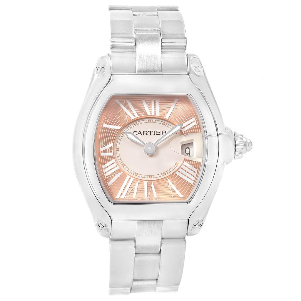 The image shows a front view of a Cartier Roadster W62054V3 Women's Stainless Steel Pink Dial W62054V3 Women's Stainless Steel Pink Dial watch, highlighting its face, bezel, lugs, crown, and bracelet.