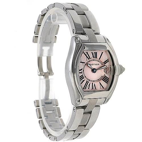 This image shows a Cartier Roadster W62017V3 Women's Stainless Steel Pink Dial W62017V3 Women's Stainless Steel Pink Dial model watch from an angled side view, highlighting its face, bezel, and bracelet.