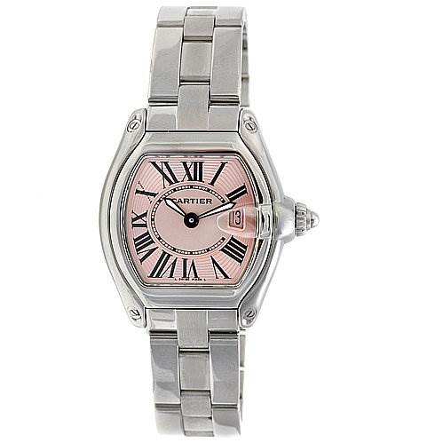 The image shows a Cartier Roadster W62017V3 Women's Stainless Steel Pink Dial W62017V3 Women's Stainless Steel Pink Dial watch from a front angle, featuring a pink dial with Roman numerals and a metal bracelet.