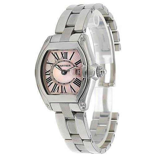 This image shows a Cartier Roadster W62017V3 Women's Stainless Steel Pink Dial W62017V3 Women's Stainless Steel Pink Dial watch from a frontal angle, highlighting its pink dial, Roman numerals, and metal bracelet.