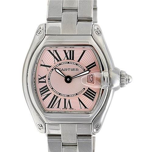 This image shows a frontal view of the Cartier Roadster W62017V3 Women's Stainless Steel Pink Dial W62017V3 Women's Stainless Steel Pink Dial watch, highlighting its pink dial, Roman numerals, and metallic band.