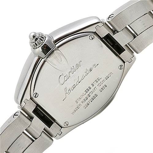 This image shows the back case of a Cartier Roadster W62017V3 Women's Stainless Steel Pink Dial W62017V3 Women's Stainless Steel Pink Dial watch, displaying the engraved details and stainless steel bracelet.