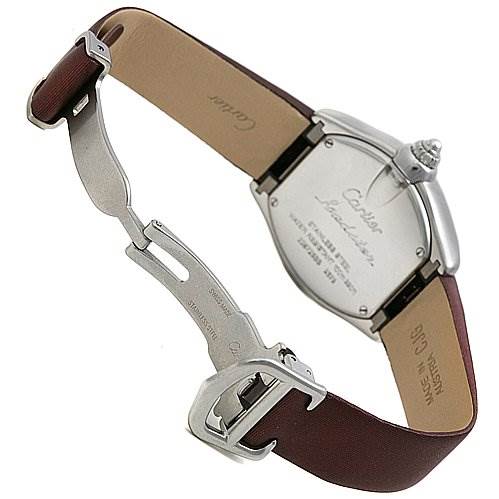 The image shows the back view of the Cartier Roadster W62017V3 Women's Stainless Steel Pink Dial W62017V3 Women's Stainless Steel Pink Dial watch, highlighting its case back and leather strap with a deployment clasp.