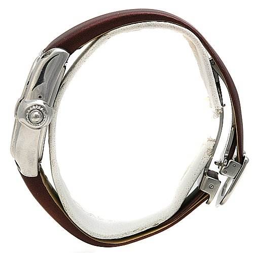 This image shows a side view of a Cartier Roadster W62017V3 Women's Stainless Steel Pink Dial W62017V3 Women's Stainless Steel Pink Dial watch, highlighting its case, crown, and leather strap with buckle.